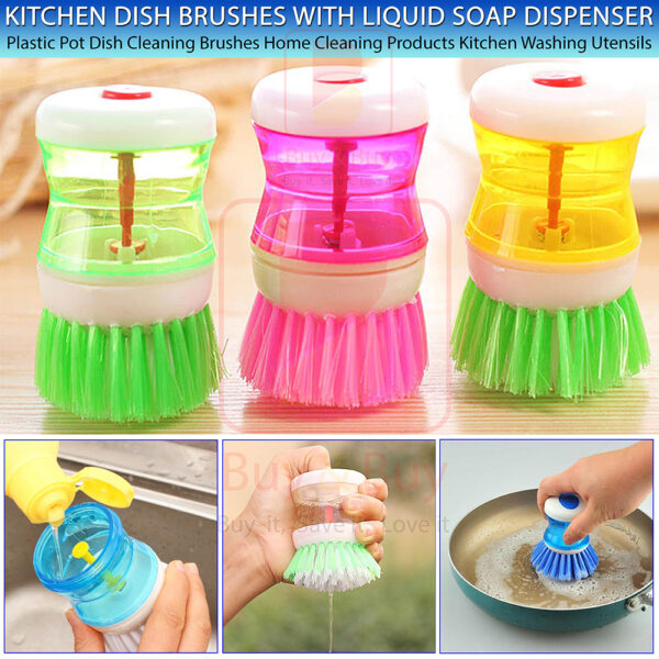 Scrub Kitchen Wash Tool Pot Dish Plastic Brush With Washing Up Liquid Soap Dispenser Brush - Image 3