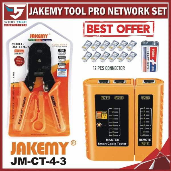 JAKEMY NETWORK PRO DEAL - CABLE CRIMP + NETWORK CABLE TESTER + RJ45 12 CONNECTORS + 9V BATTERY