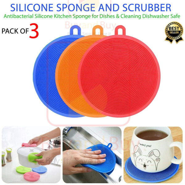 Pack of 3 2020 New Multi-Purpose Silicone DishWasher Sponge Multi Color