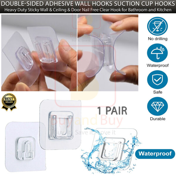 1 Pair Double-sided Adhesive Wall Hooks Suction Cup Hooks stick hook Heavy Duty Sticky Wall & Ceiling & Door Nail Free Clear Hook for Bathroom and Kitchen No Scratch Waterproof and Oilproof Sticker - Image 3