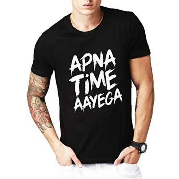 Black Apna Time Ayega Cotton Printed T Shirt for Men - Image 5