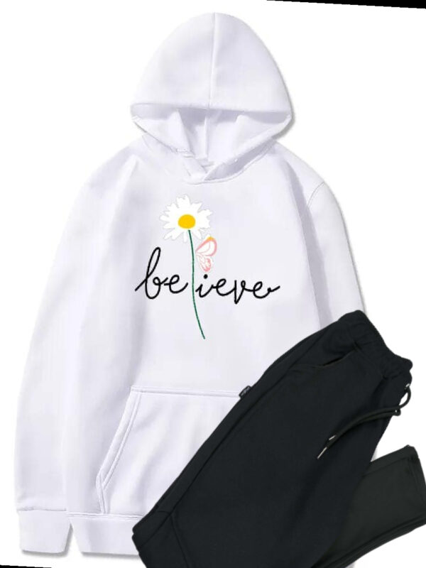 Believe Printed Hoodie And Trouser Winter Arrival Warm Fleece Track suit Drawstring Hood Best Outfits For Girls and Women - Image 4