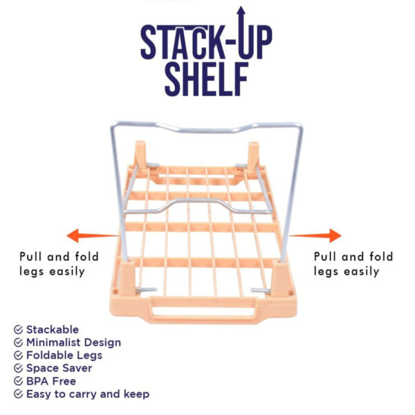 Set of 3 Stack up shelf space saver plastic racks Folding Kitchen cupboard Organizer Cabinet Shelves with steal legs foldable Stand Jar Rack Storage Support 1 Tier Kitchen Pantry cups glass Organizer - Image 3